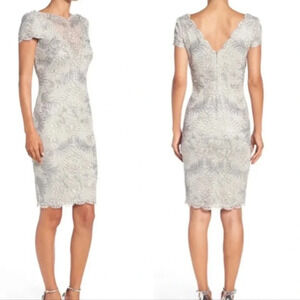Tadashi Shoji Dress Pemba Lace Sheath Dress Silver Gray Embroidered Size 14